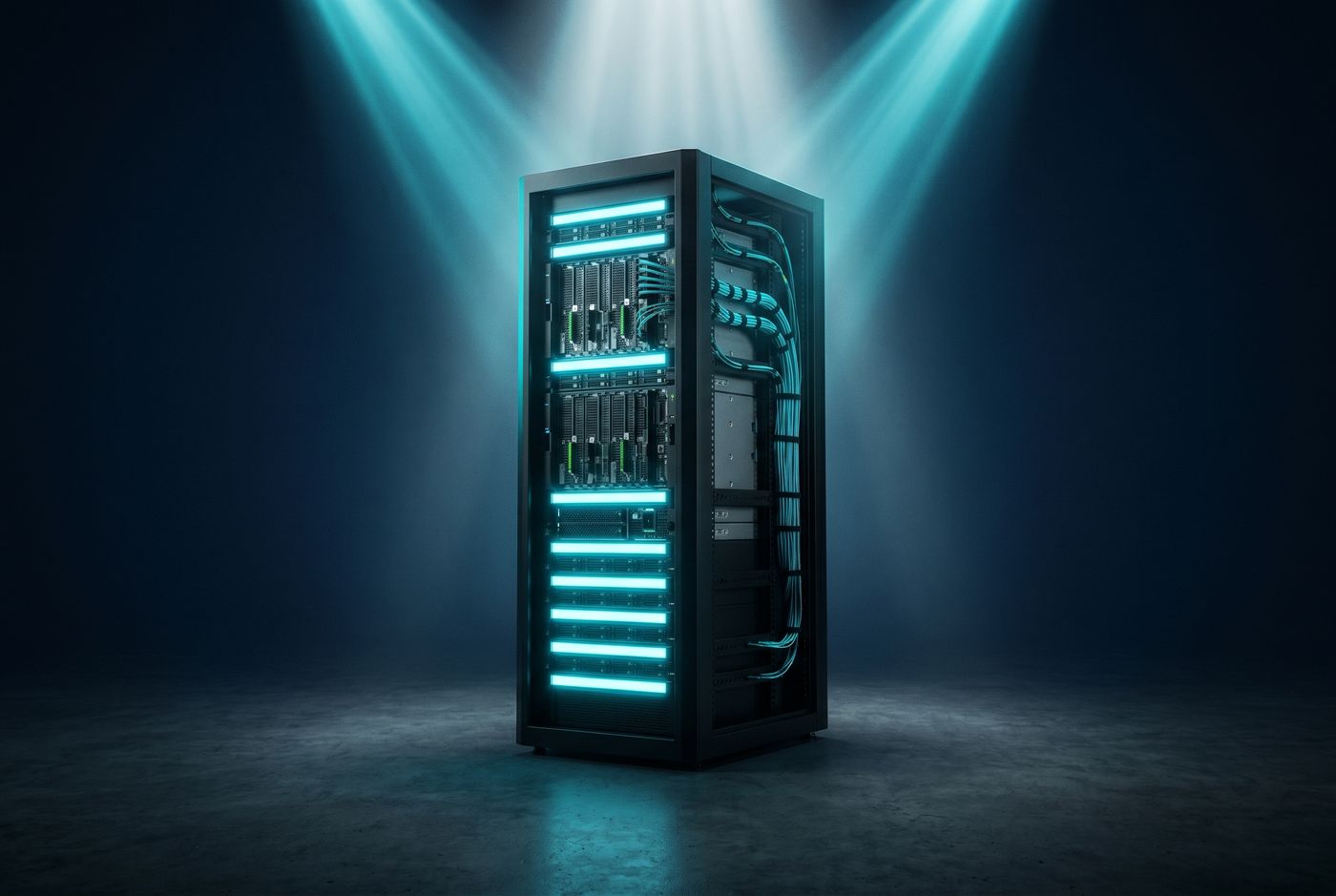 Modular AI infrastructure rack lit by cyan accents.